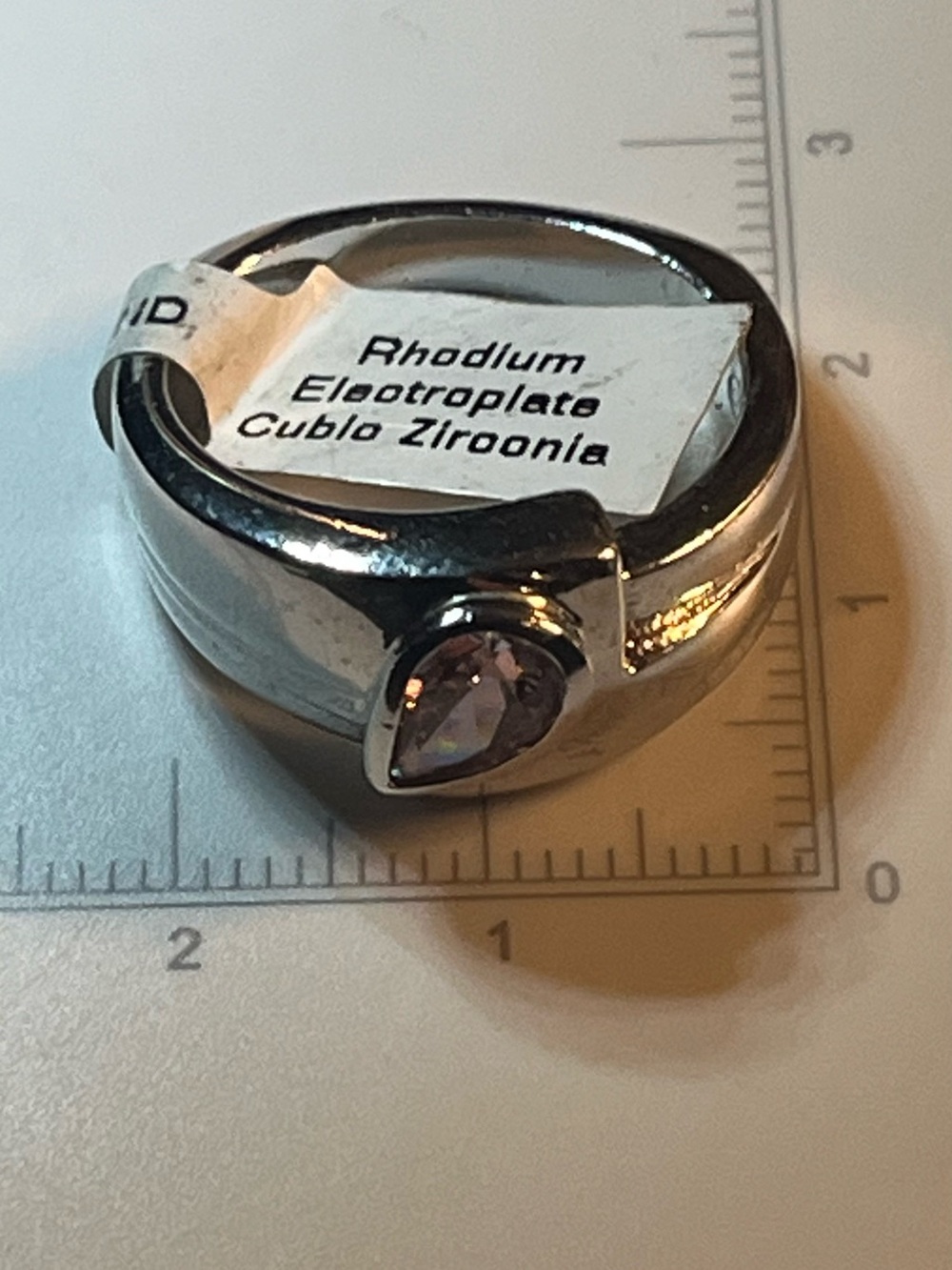 Rhodium-Plated Cubic Zirconia Pear Ring Size 9 – Made in Thailand